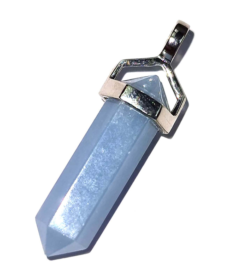 GeoFossils Angelite Double Terminated Pendant – sterling silver setting for calm and angelic connection endant