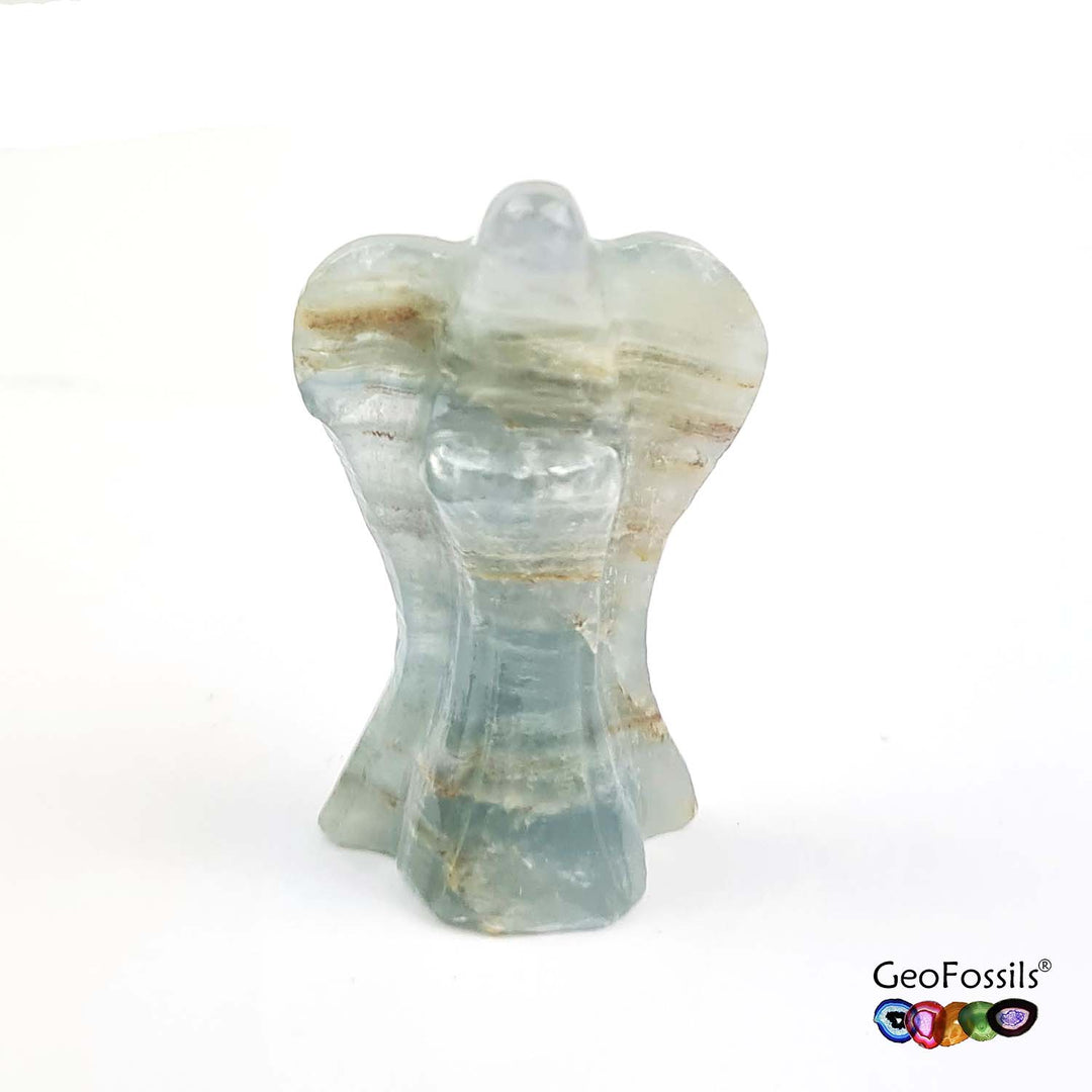 GeoFossils Lemurian Aquatine Calcite Angel Carving with soft blue-green hues