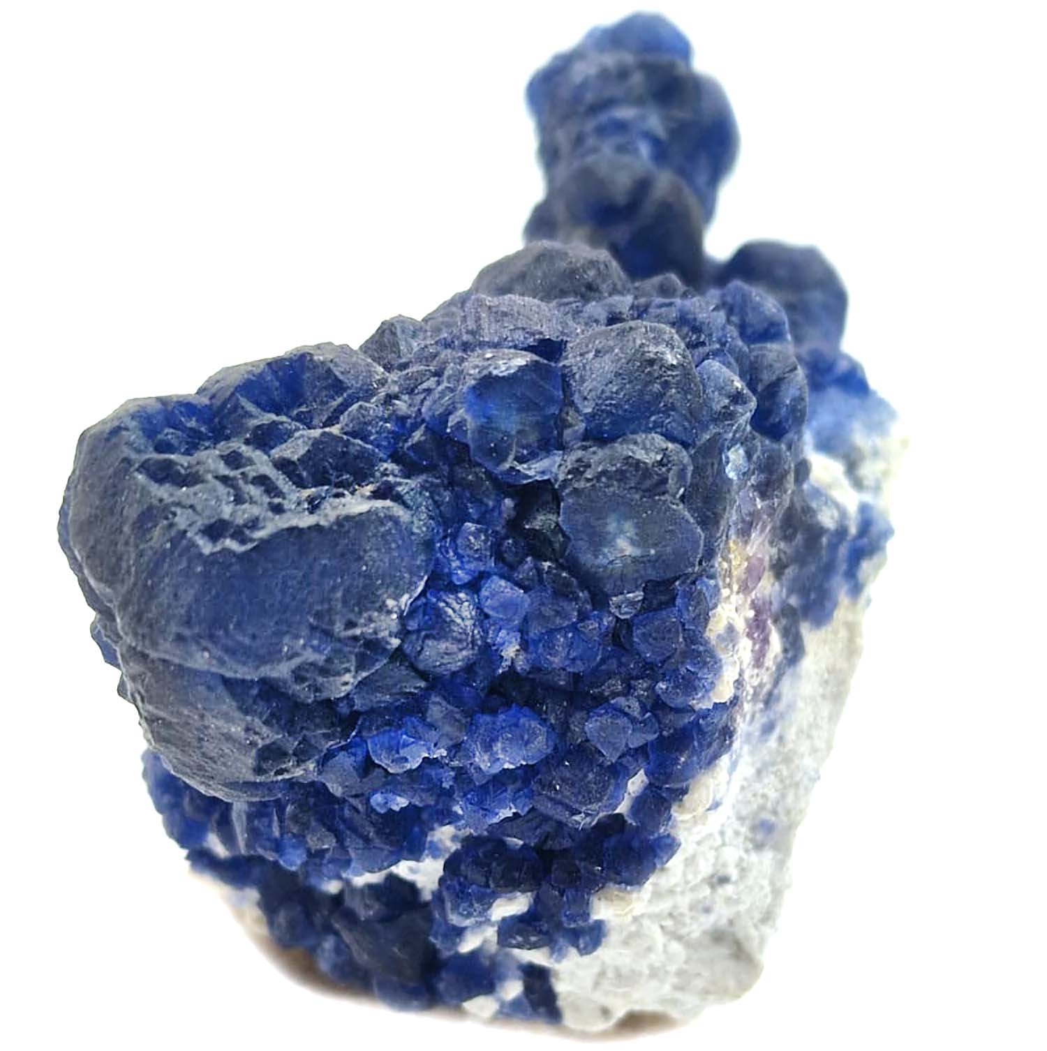 GeoFossils Blue Dodecahedral Fluorite #2 on quartz Cores.  Location | Shaft 4 Huanggang Mines, Hexigten Banner, Inner Mongolia, China