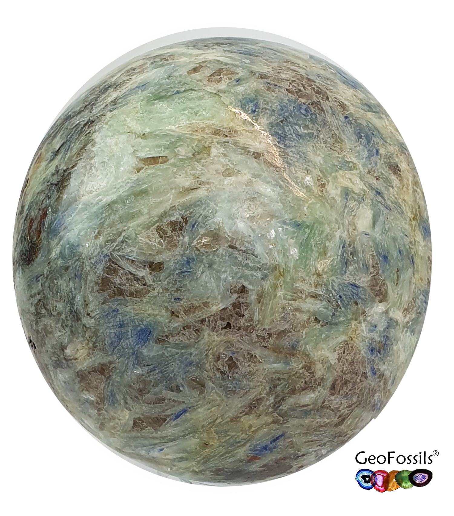 GeoFossils Blue Green Kyanite Crystal Sphere with Garnet