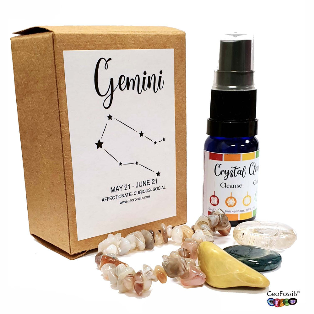 GeoFossils Gemini Zodiac Crystal Set – Tumble Stones and Raw Opal for Clarity, Communication and Energetic Balance