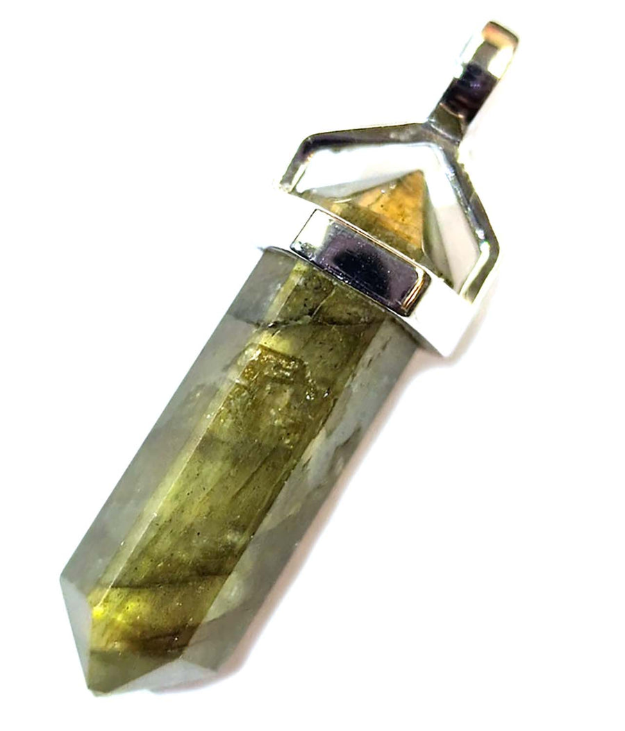 GeoFossils Labradorite Double Terminated Pendant – sterling silver setting with shimmering flash for intuition