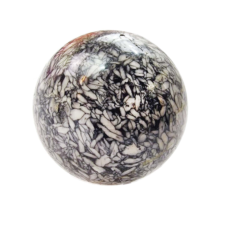 Polished Pinolith sphere with striking grey and white marbled patterns, rare Austrian crystal known for calming, grounding, and emotional balance.