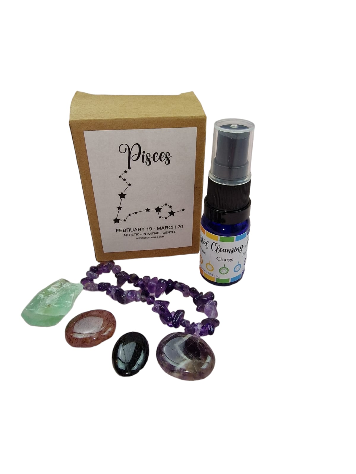 GeoFossils Pisces Zodiac Collection, Green Calcite, Red Aventurine, Black Tourmaline, Purple Amethyst, GeoFossils Crystal Cleansing Spray