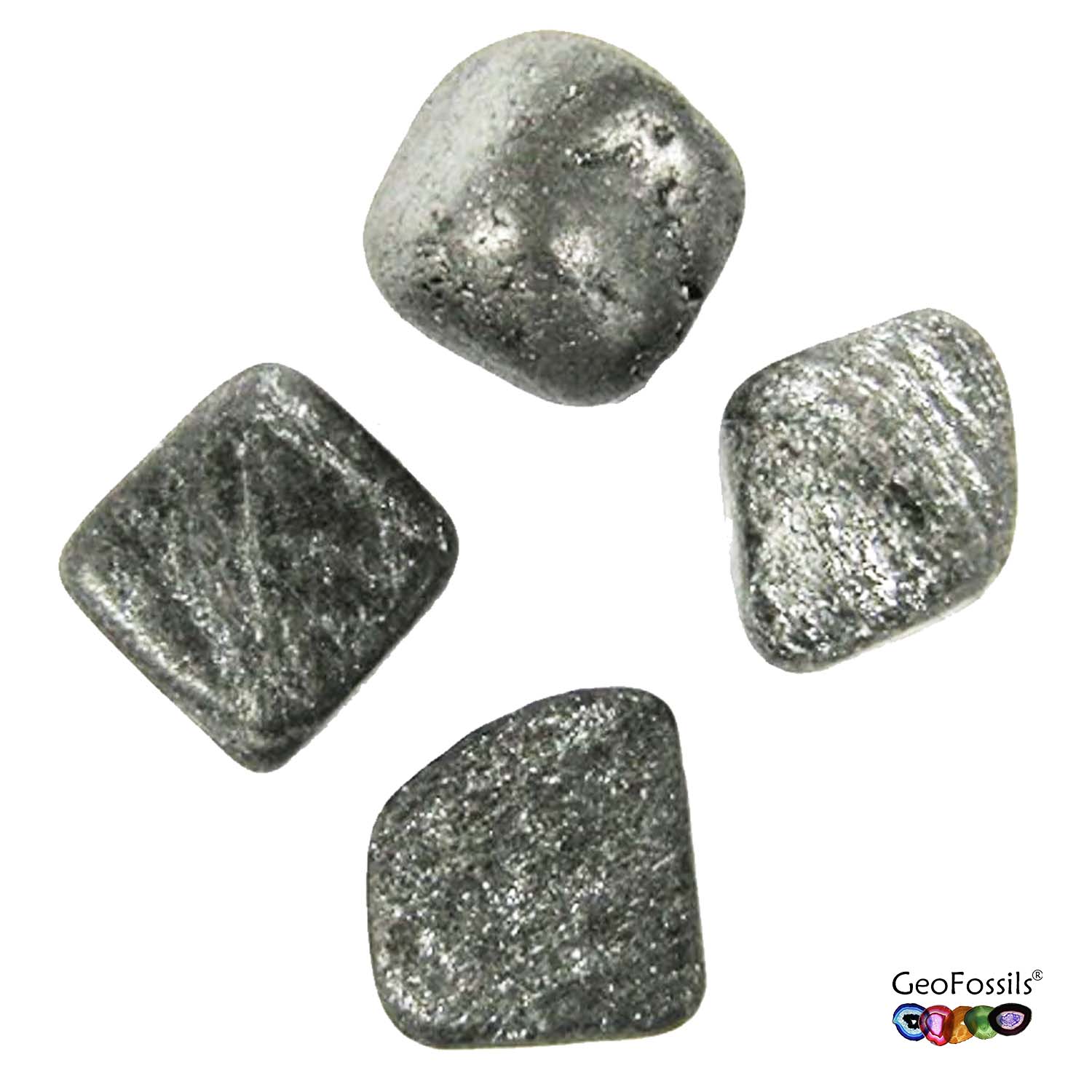 GeoFossils Specular Hematite Tumble Stone, a metallic grey-black crystal with silver sparkle, promoting grounding, strength, and protection.