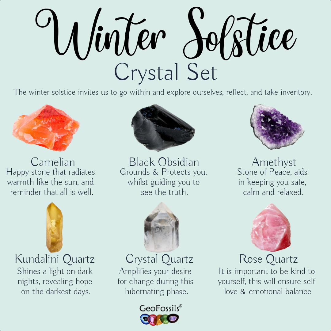 GeoFossils Winter Solstice Set Crystal Set Carnelian, Black Obsidian, Amethyst, Kundalini Quartz, Crystal quartz, Rose Quartz