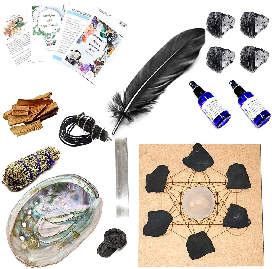 Archangel Metatron 21pc Protection Crystal Grid Gift Set including a Metatron Grid Board, Tourmalinated Quartz, Selenite, Shungite, Abalone Shell, Palo Santo, Blue Sage, Archangel Metatron Protection Spray, and more. Designed for protection, cleansing, and connection with Archangel Metatron.