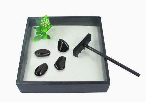GeoFossils Small Zen Garden Set – Black tray with white sand, rake, plant and Black Obsidian Tumble Stones for grounding and meditation