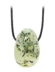GeoFossils Prehnite with Epidote Drilled Tumble Stone – green crystal with dark inclusions and horizontal drill hole for heart healing and spiritual release