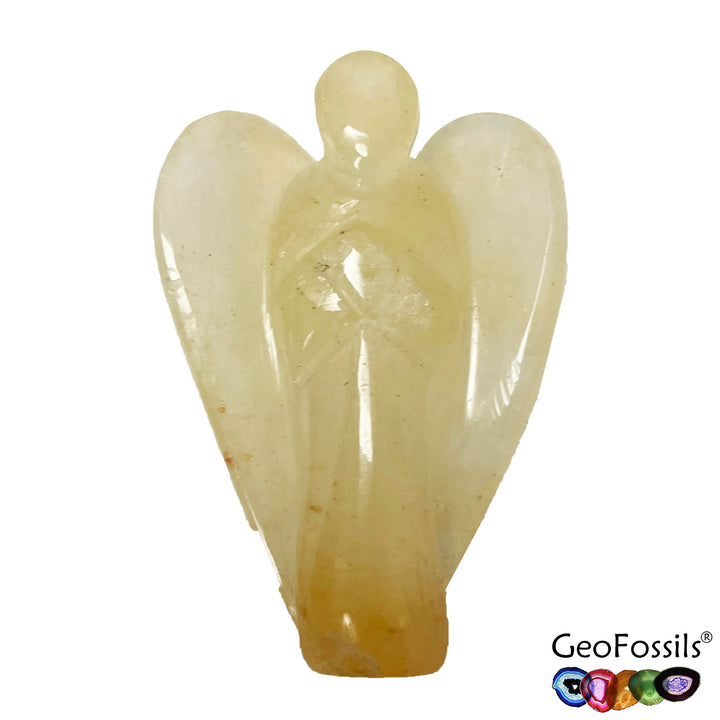 Golden Healer Quartz polished angel figurine, radiating nurturing energies for spiritual healing, chakra balancing, and emotional clarity.