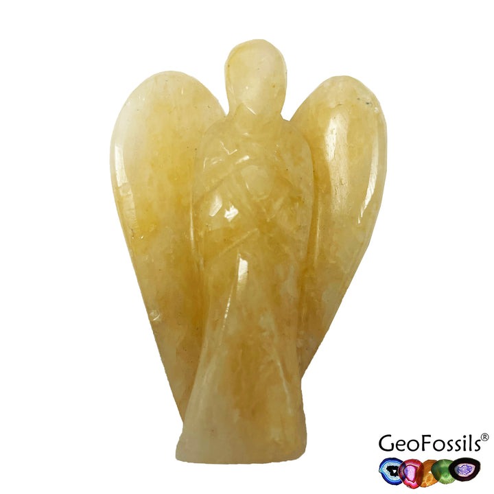 Golden Healer Quartz polished angel figurine, radiating nurturing energies for spiritual healing, chakra balancing, and emotional clarity.