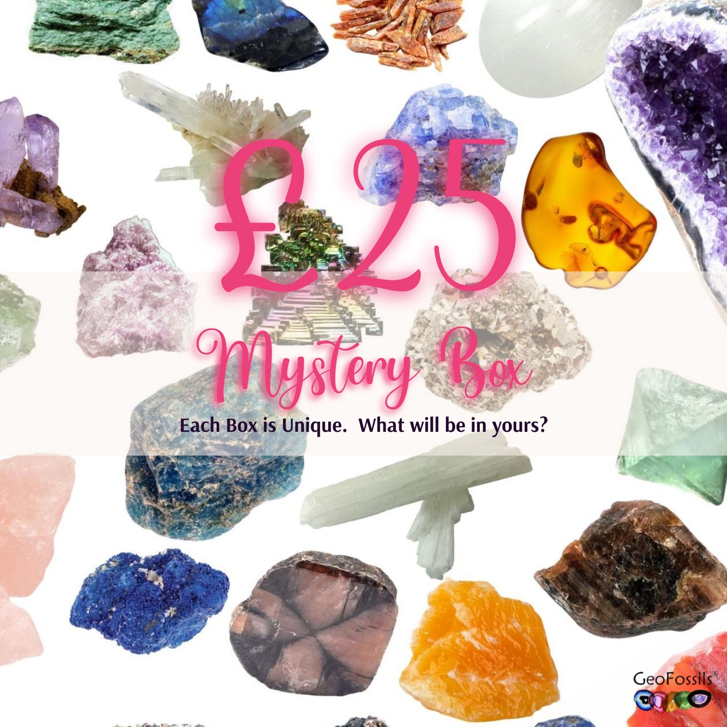 GeoFossils Mystery Box contains a collection of crystal which vary in size and colour. This collection has a value of £25