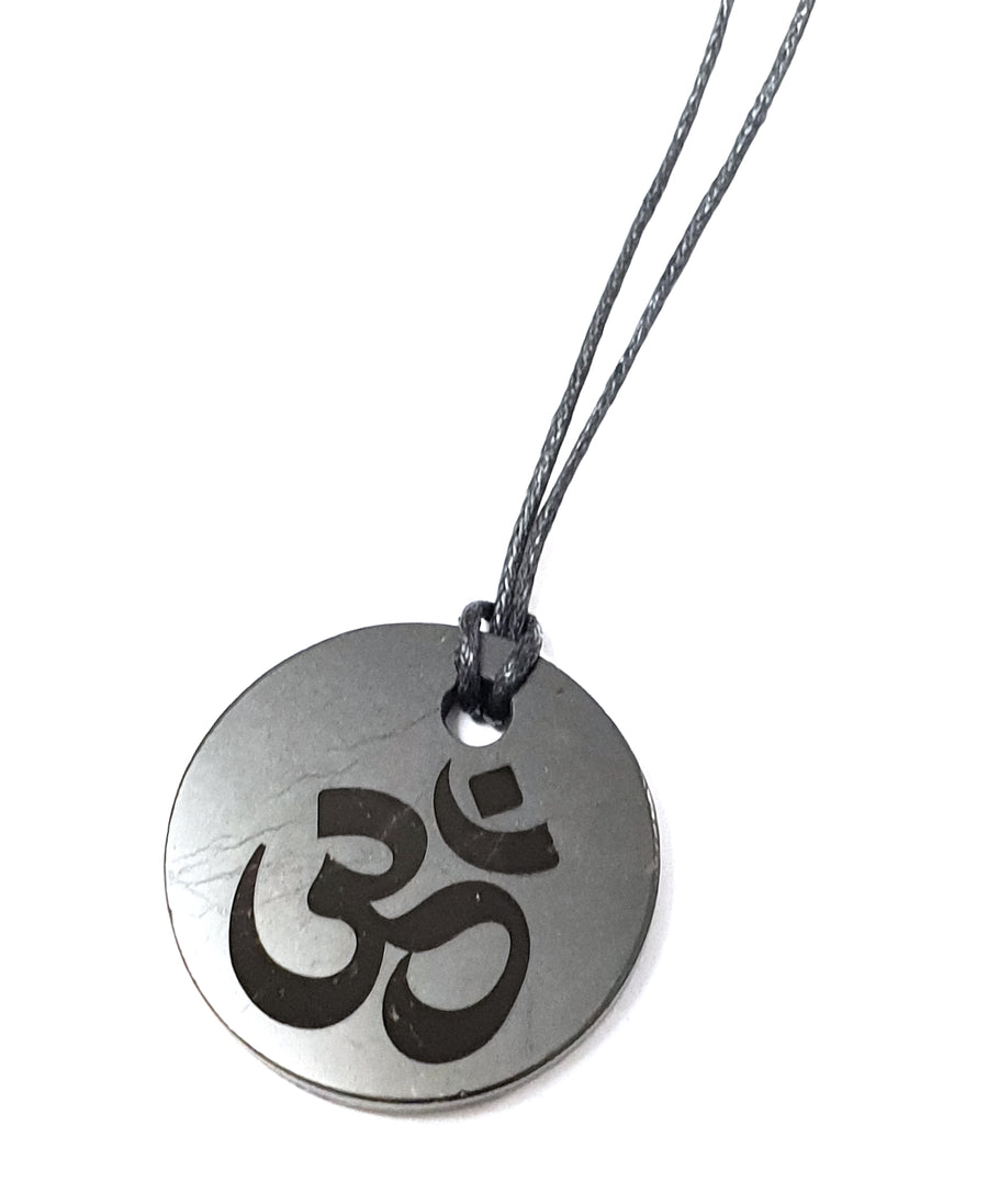 GeoFossils Round Ohm Shungite Black Pendant with Cotton Cord