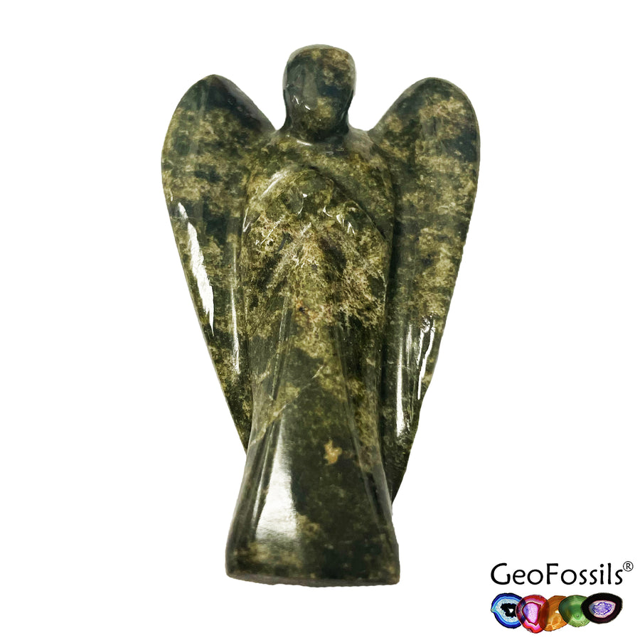 GeoFossils Vesuvianite Angel Carving – Hand-carved green crystal angel for courage, transformation, and heart healing, intuitively selected and prepared in the UK.