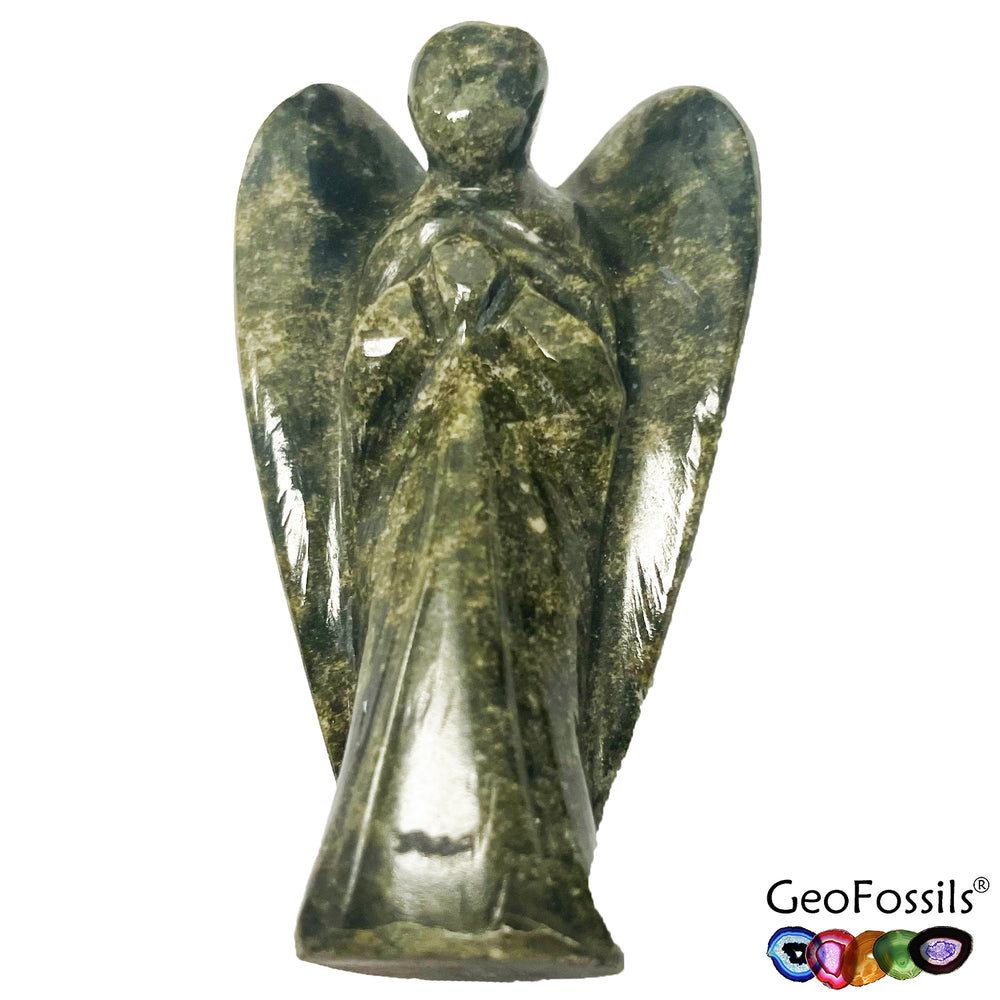 GeoFossils Vesuvianite Angel Carving – Hand-carved green crystal angel for courage, transformation, and heart healing, intuitively selected and prepared in the UK.