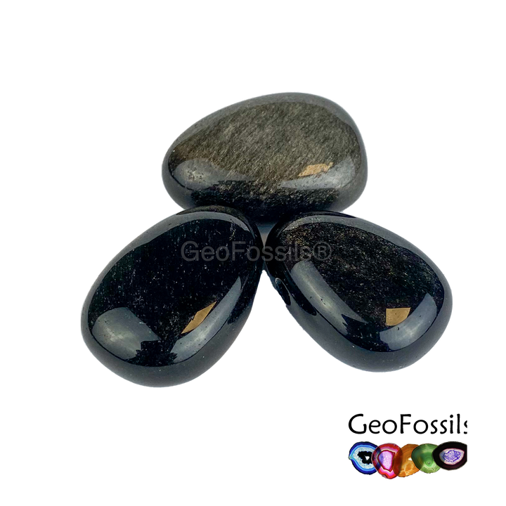 GeoFossils Silver Sheen Obsidian Drilled Tumble Stone – glossy black crystal with silver shimmer and horizontal drill hole for protection and deep insight