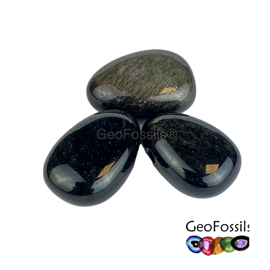 GeoFossils Silver Sheen Obsidian Drilled Tumble Stone – glossy black crystal with silver shimmer and horizontal drill hole for protection and deep insight