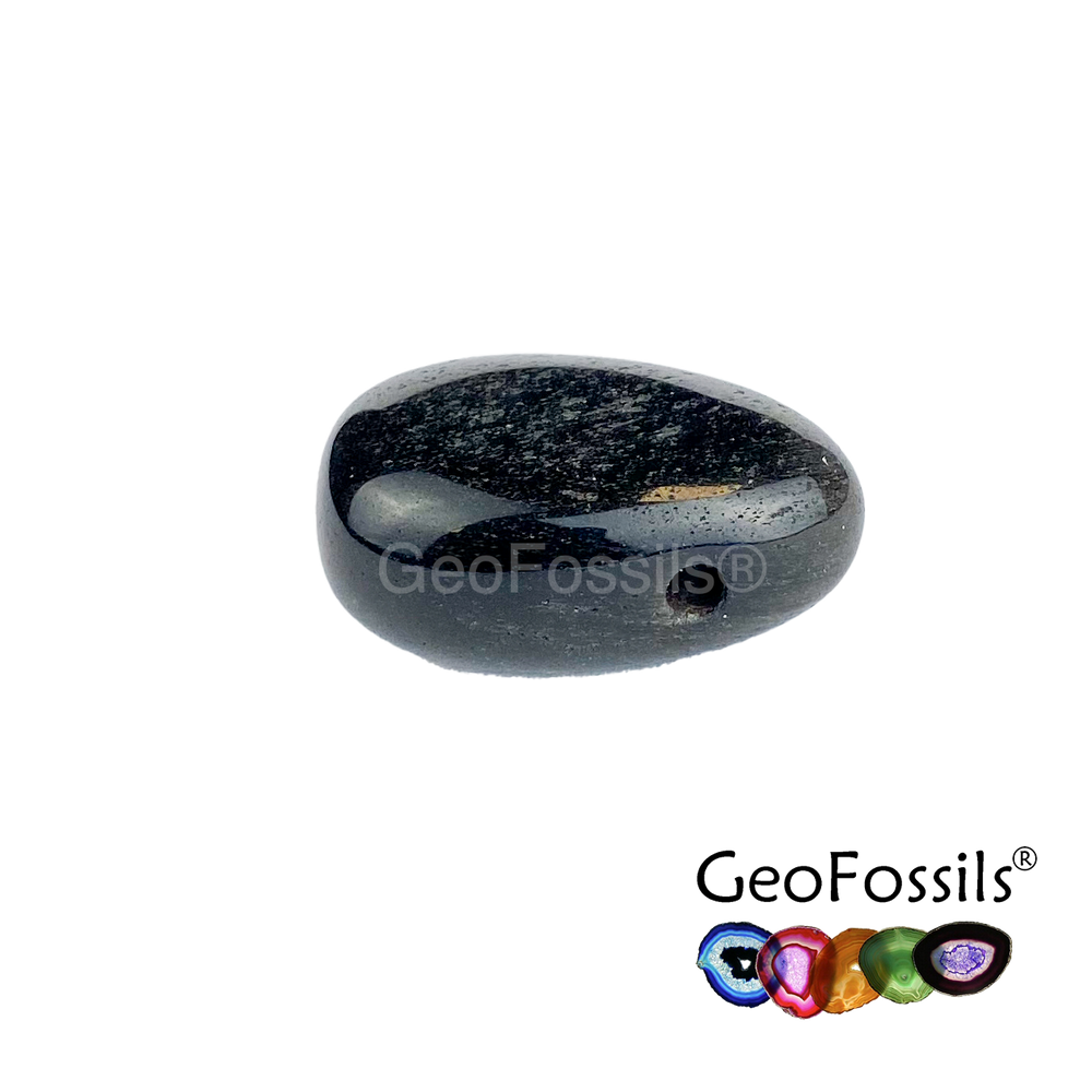 GeoFossils Silver Sheen Obsidian Drilled Tumble Stone – glossy black crystal with silver shimmer and horizontal drill hole for protection and deep insight