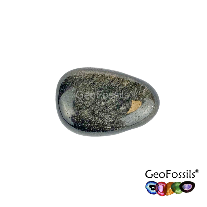 GeoFossils Silver Sheen Obsidian Drilled Tumble Stone – glossy black crystal with silver shimmer and horizontal drill hole for protection and deep insight