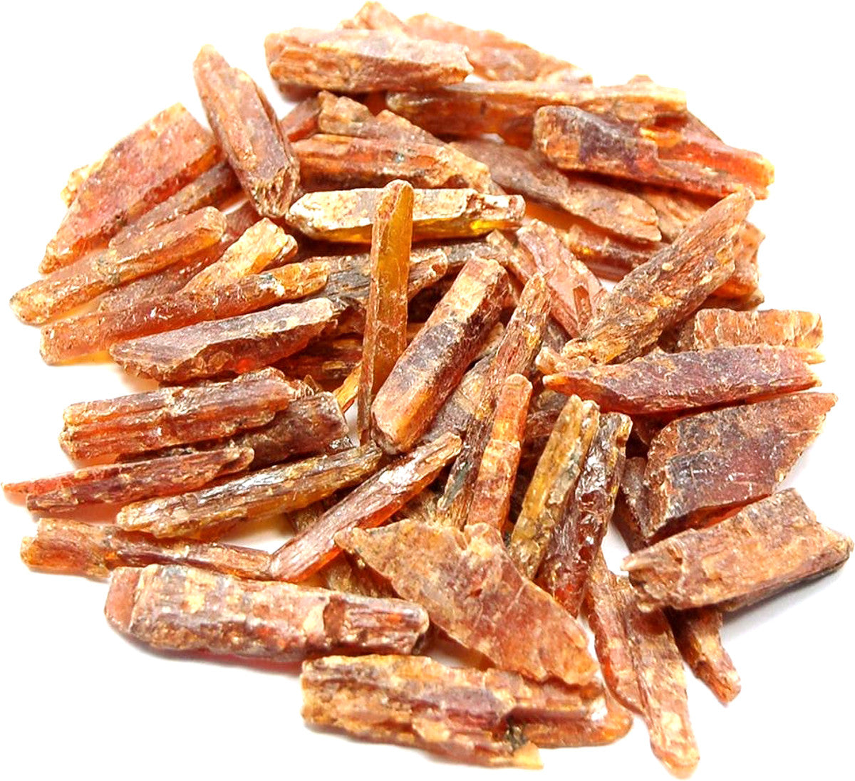 Orange minerals with brown streaks, long rigid shaped