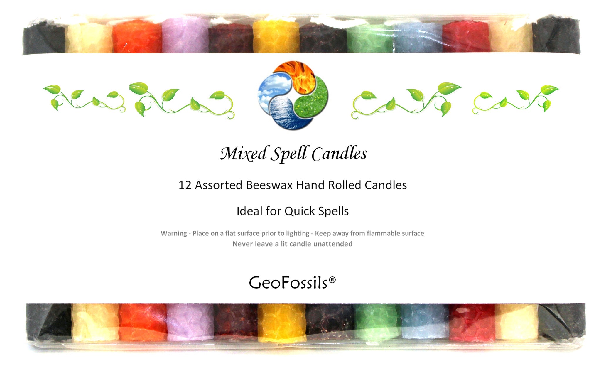 12 Assorted Beeswax Hand Rolled Candles that are black, orange, purple, burgundy, yellow, green, blue and red