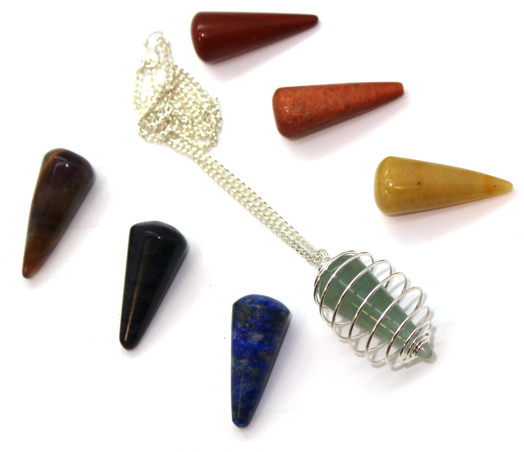 Spiral Chakra Cone Pendant Set with seven interchangeable chakra crystal cones in a copper or silver-tone spiral cage for personalised energy alignment. Silver Tone Effect