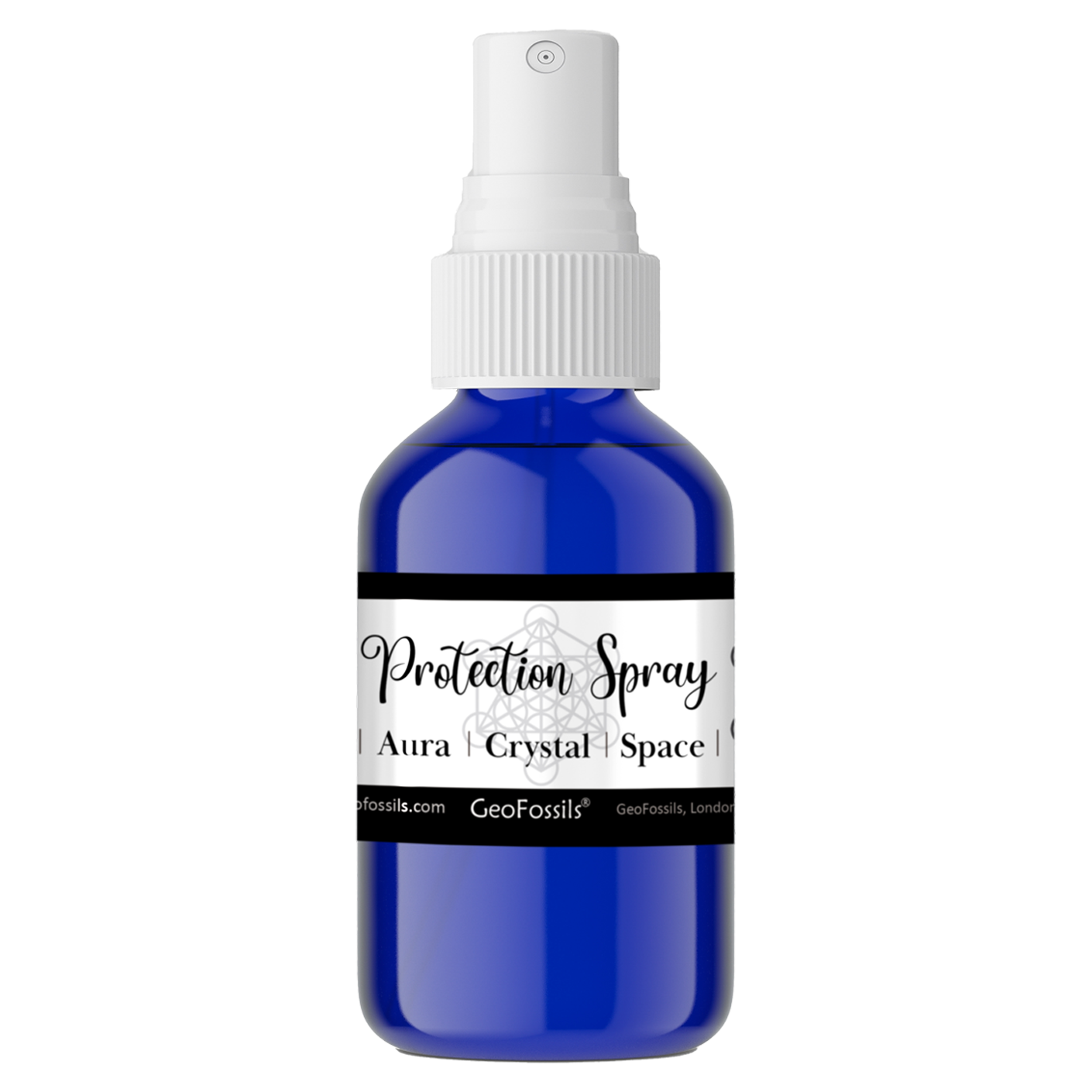 A bottle of GeoFossils Protection Spray infused with Herkimer Diamond, Citrine, Amber, Selenite, and Black Tourmaline, designed for energetic cleansing and protection.