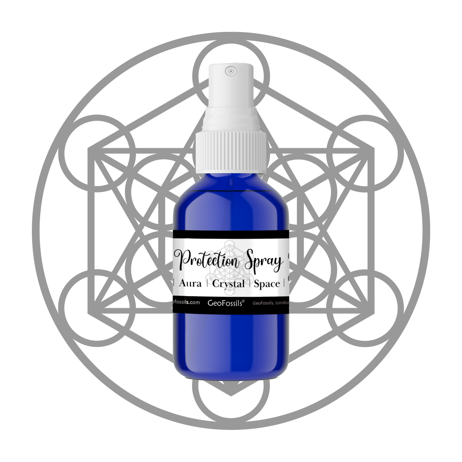A bottle of GeoFossils Protection Spray infused with Herkimer Diamond, Citrine, Amber, Selenite, and Black Tourmaline, designed for energetic cleansing and protection.
