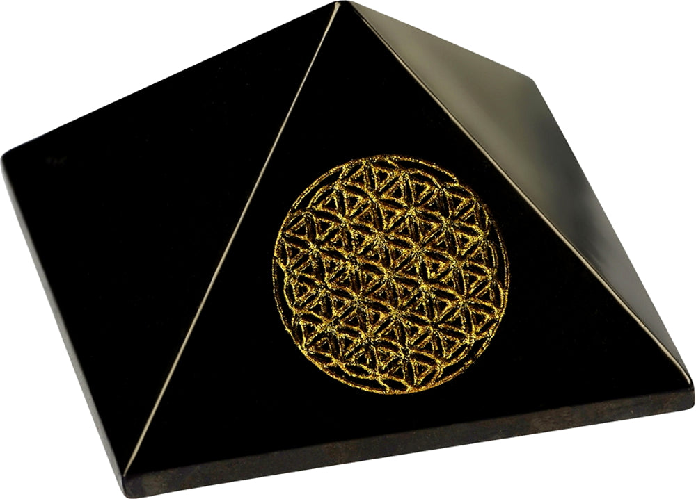 Shungite Pyramid with Gold Leaf Flower of Life 60mm