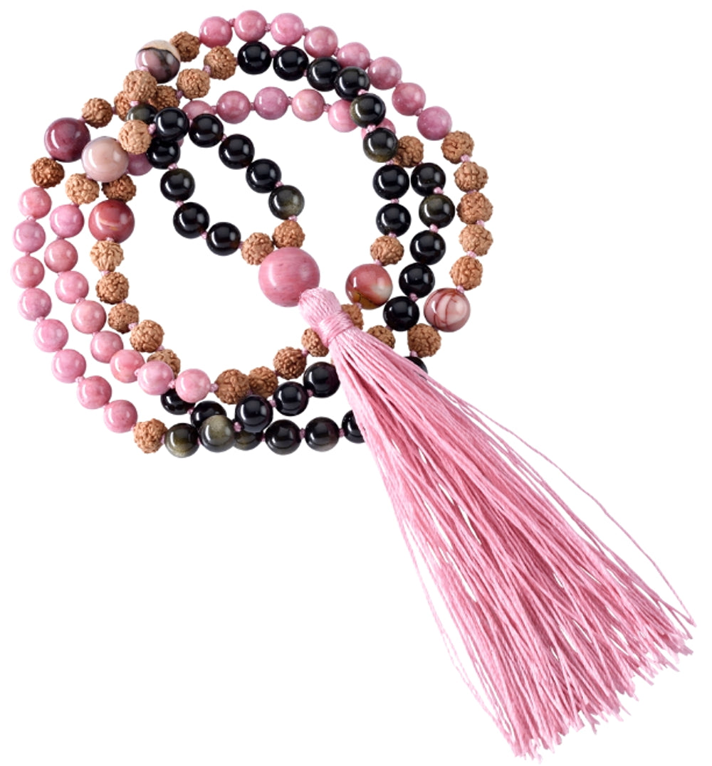 Rhodonite, Obsidian and Rudrasha Seed with Sterling Silver Om Mala Beads Necklace