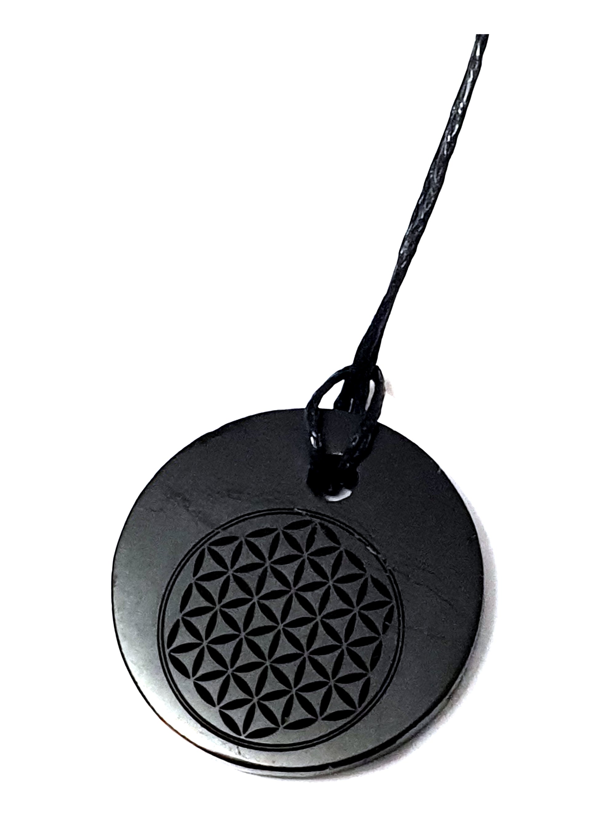 GeoFossils Round Flower of Life Shungite Black Pendant with Cotton Cord