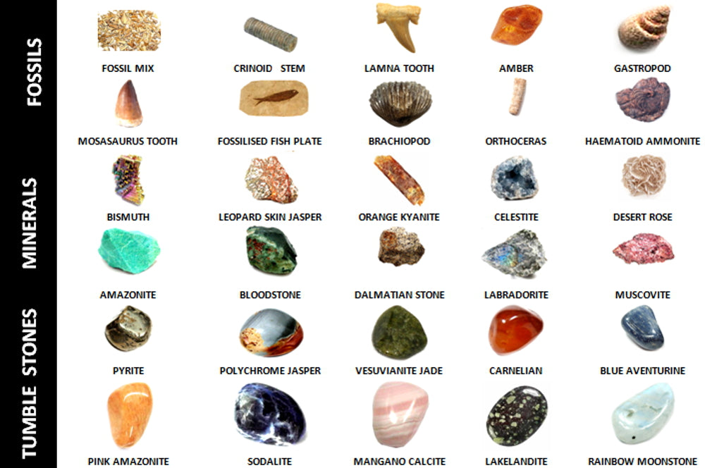 30 different minerals of orange, pink, blue, shades of red and brown, pearlescent