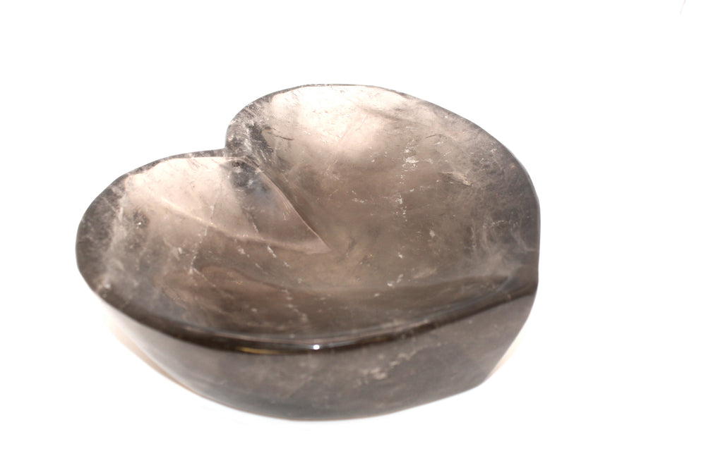GeoFossils Smokey Quartz Heart-Shaped Bowl, a beautiful crystal carving for grounding, love, and protective energy.