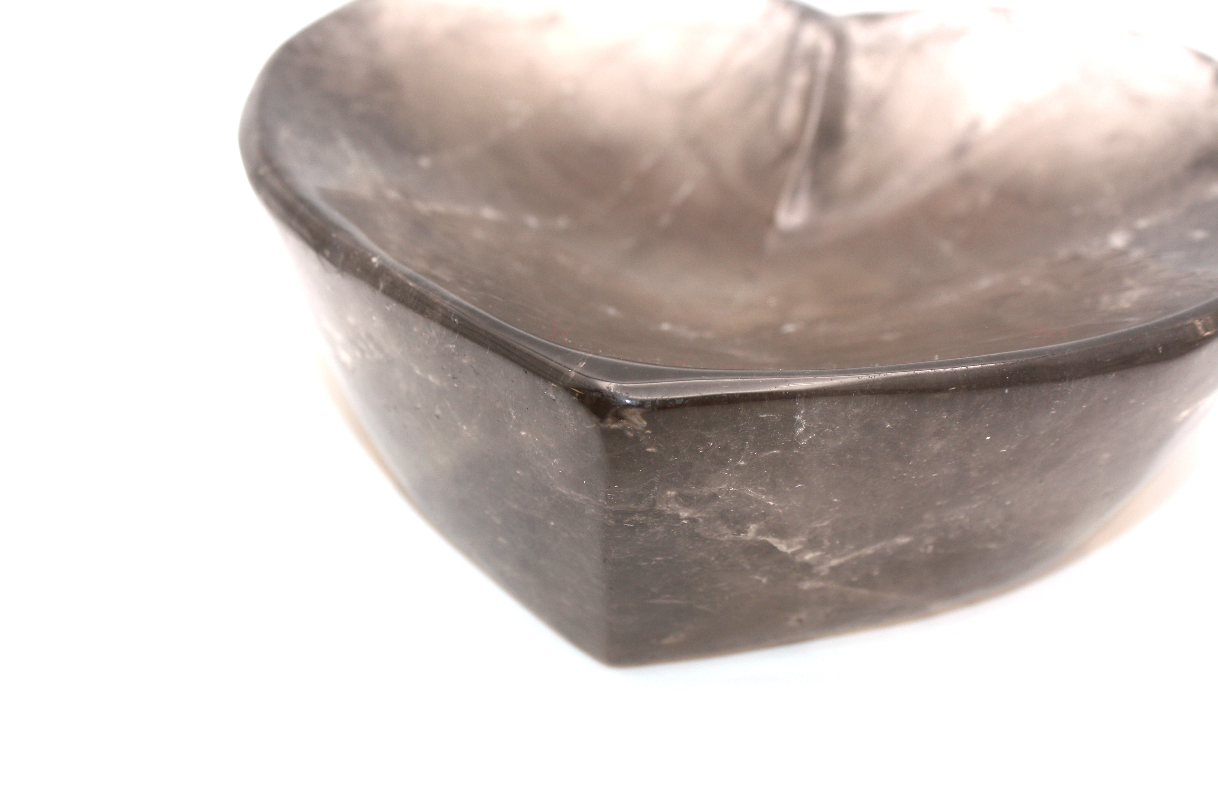 GeoFossils Smokey Quartz Heart-Shaped Bowl, a beautiful crystal carving for grounding, love, and protective energy.