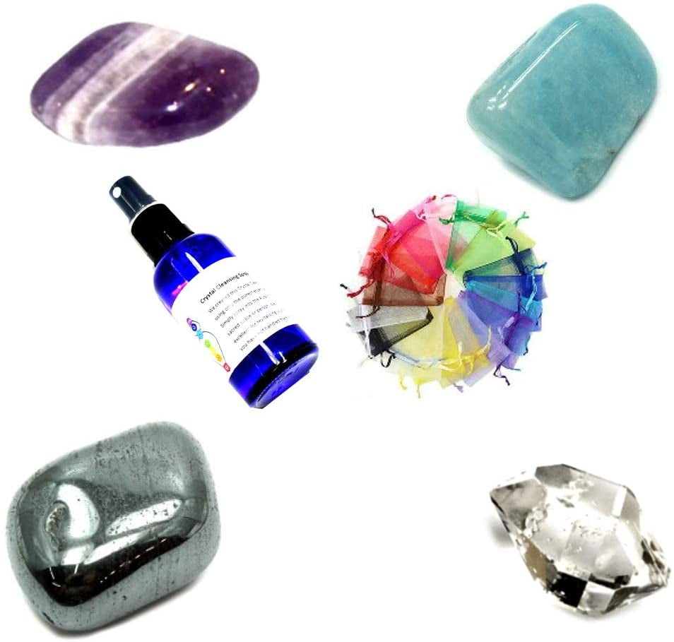GeoFossils Stress and Anxiety Gemstone Crystal Healing Set come in a coloured pouch with purple, blue, silver crystals and purple crystal cleansing spray bottle.