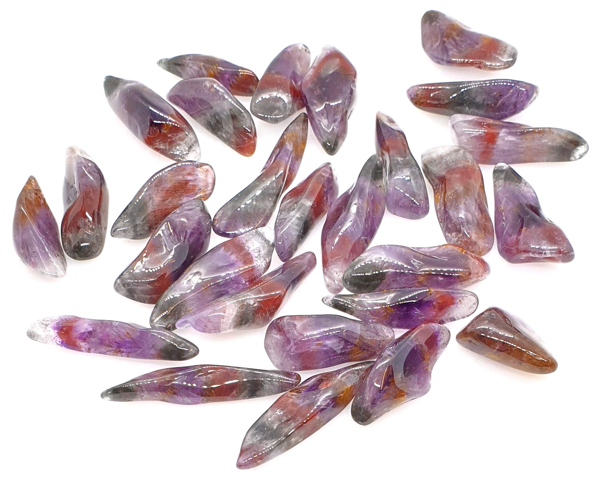 Auralite-23 Polished Tumble Stone 20-30mm Single Pointy, purple, red, black and clear, smooth, shiny