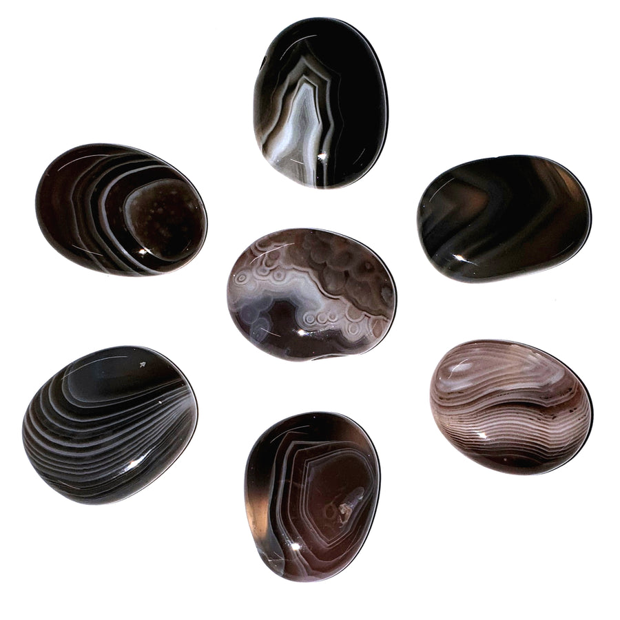 Botswana Agate has a beautiful fortification agate exhibiting white patterns of, usually, circles and ovoids.  It is generally found in the form of nodules.