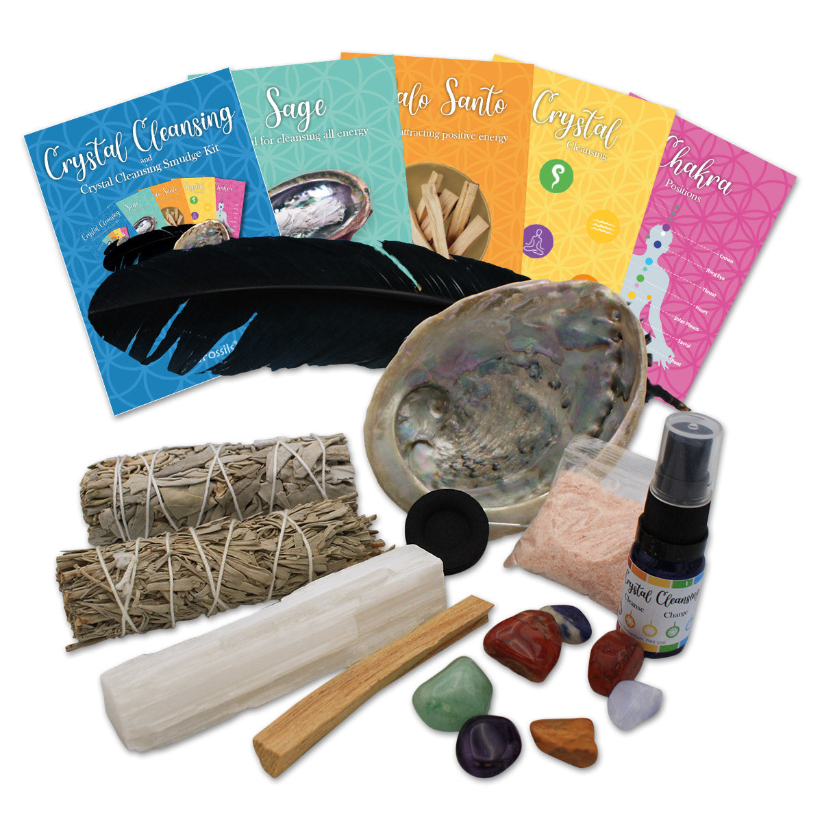 5 Information booklets, feather, 2 sage, spray bottle, 7 crystals are green, red, purple, white and orange